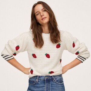Mango White Knit Strawberry Crew Neck Puffed Sleeve Sweater